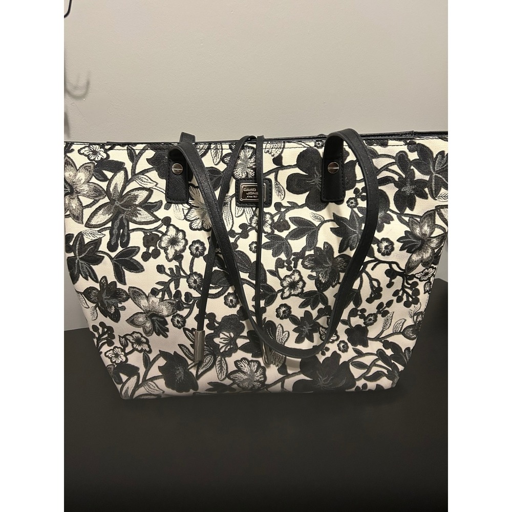 David Jones Womens Black White Floral Canvas Tote Bag Shoulder Purse